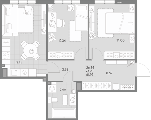 2-комнатная квартира, 61.93 м²; этаж: 5 - купить в Санкт-Петербурге