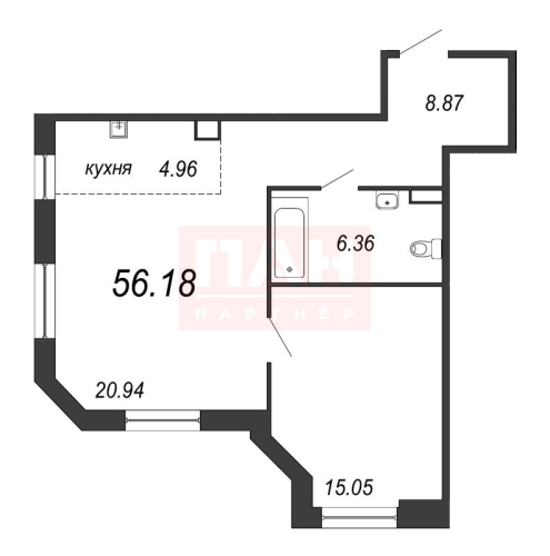 1-комнатная квартира, 56.9 м²; этаж: 3 - купить в Санкт-Петербурге