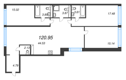 3-комнатная квартира №53 в: Avant: 120.95 м²; этаж: 2 - купить в Санкт-Петербурге