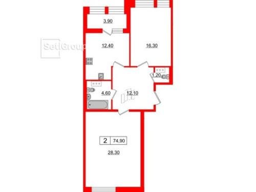 2-комнатная квартира, 74.9 м²; этаж: 6 - купить в Санкт-Петербурге