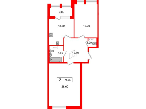 2-комнатная квартира, 75.3 м²; этаж: 4 - купить в Санкт-Петербурге