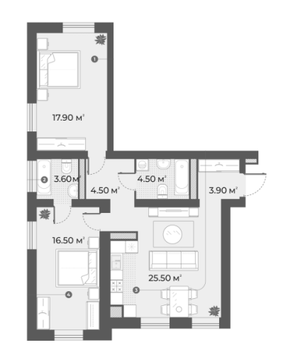2-комнатная квартира №3 в: AURA: 78.5 м²; этаж: 6 - купить в Санкт-Петербурге