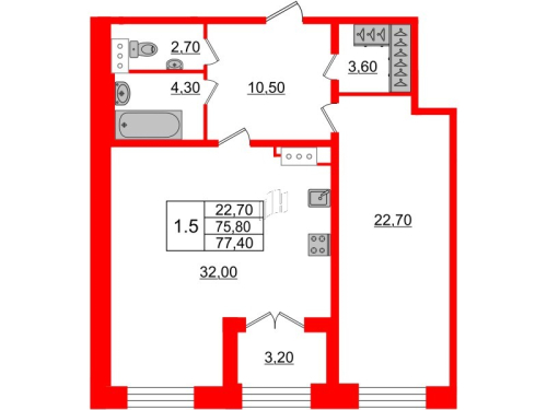1-комнатная квартира №28к2 в: Grand View: 75.8 м²; этаж: 1 - купить в Санкт-Петербурге