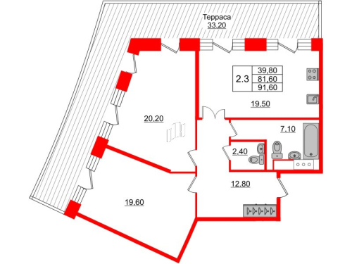 2-комнатная квартира №28к1 в: Grand View: 81.14 м²; этаж: 7 - купить в Санкт-Петербурге