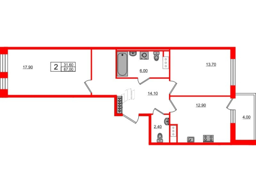 2-комнатная квартира №3 в: SVETLANA PARK: 67 м²; этаж: 7 - купить в Санкт-Петербурге