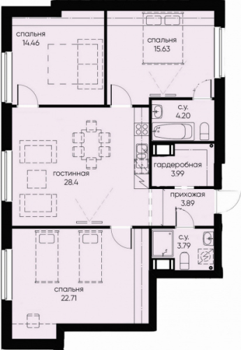 3-комнатная квартира №72к2 в: ID MOSKOVSKY: 97.07 м²; этаж: 7 - купить в Санкт-Петербурге