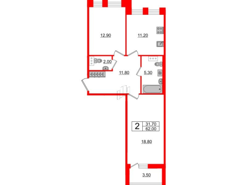 2-комнатная квартира №3 в: SVETLANA PARK: 62 м²; этаж: 7 - купить в Санкт-Петербурге