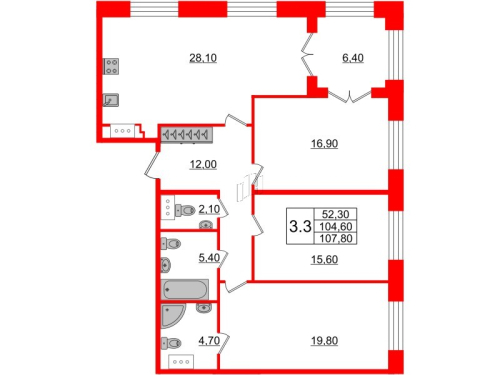 3-комнатная квартира №28к2 в: Grand View: 104.6 м²; этаж: 4 - купить в Санкт-Петербурге