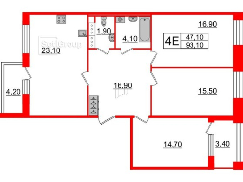 3-комнатная квартира №3 в: SVETLANA PARK: 93.1 м²; этаж: 8 - купить в Санкт-Петербурге