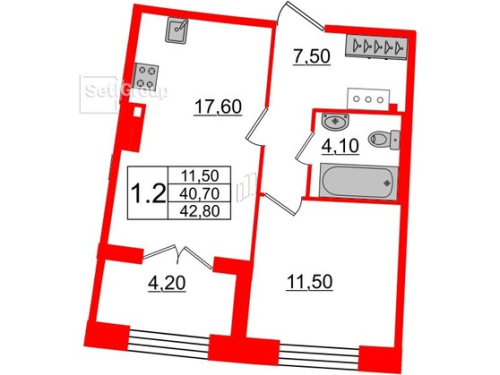 1-комнатная квартира №28к1 в: Grand View: 40.73 м²; этаж: 6 - купить в Санкт-Петербурге