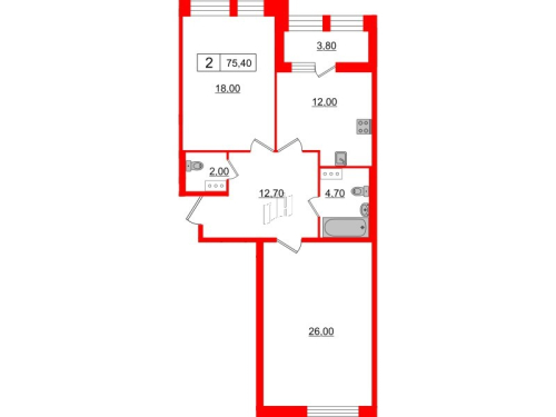 2-комнатная квартира, 75.4 м²; этаж: 8 - купить в Санкт-Петербурге