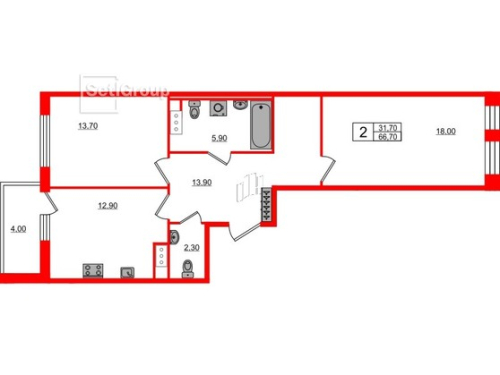 2-комнатная квартира №3 в: SVETLANA PARK: 66.7 м²; этаж: 4 - купить в Санкт-Петербурге