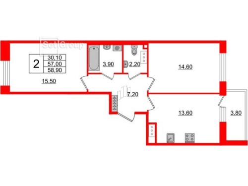 2-комнатная квартира №3 в: SVETLANA PARK: 61.8 м²; этаж: 5 - купить в Санкт-Петербурге