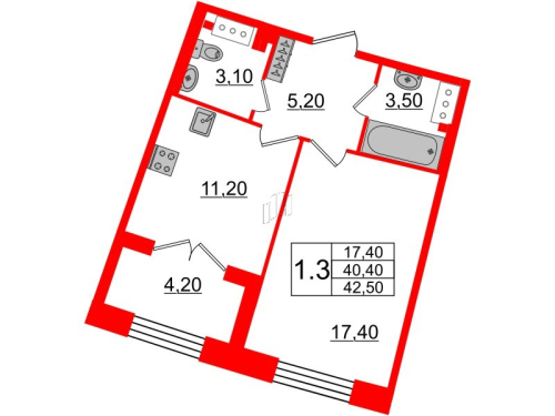1-комнатная квартира №28к1 в: Grand View: 40.12 м²; этаж: 6 - купить в Санкт-Петербурге