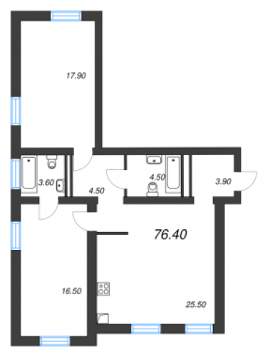 2-комнатная квартира, 76.5 м²; этаж: 3 - купить в Санкт-Петербурге
