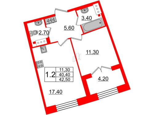 1-комнатная квартира №28к1 в: Grand View: 40.05 м²; этаж: 5 - купить в Санкт-Петербурге