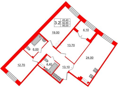 3-комнатная квартира №28к1 в: Grand View: 93.18 м²; этаж: 6 - купить в Санкт-Петербурге