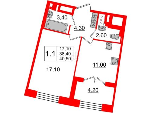 1-комнатная квартира №28к1 в: Grand View: 38.24 м²; этаж: 6 - купить в Санкт-Петербурге