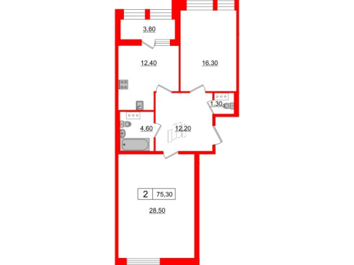 2-комнатная квартира, 75.3 м²; этаж: 6 - купить в Санкт-Петербурге