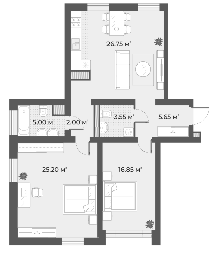 2-комнатная квартира №3 в: AURA: 84.1 м²; этаж: 1 - купить в Санкт-Петербурге