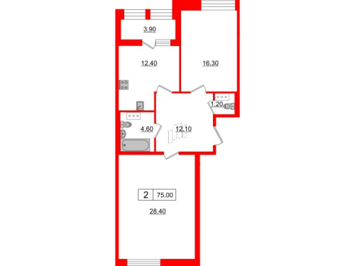 2-комнатная квартира, 75 м²; этаж: 9 - купить в Санкт-Петербурге