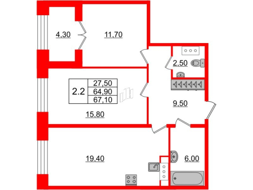 2-комнатная квартира №28к2 в: Grand View: 64.9 м²; этаж: 5 - купить в Санкт-Петербурге