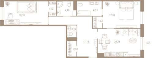 2-комнатная квартира №31к1 в: СЕВЕРНАЯ КОРОНА RESIDENCE: 93.4 м²; этаж: 5 - купить в Санкт-Петербурге