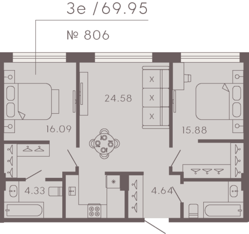 2-комнатная квартира, 68.05 м²; этаж: 3 - купить в Санкт-Петербурге