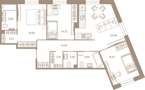 3-комнатная квартира №31к1 в: СЕВЕРНАЯ КОРОНА RESIDENCE: 102.8 м²; этаж: 2 - купить в Санкт-Петербурге