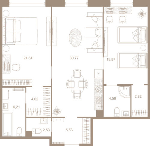 2-комнатная квартира №31к1 в: СЕВЕРНАЯ КОРОНА RESIDENCE: 96.9 м²; этаж: 2 - купить в Санкт-Петербурге