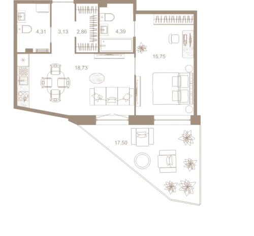 1-комнатная квартира, 54.3 м²; этаж: 2 - купить в Санкт-Петербурге