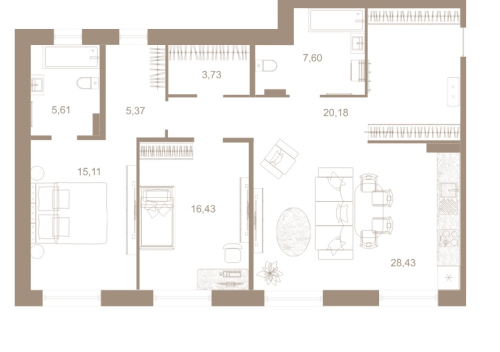 2-комнатная квартира №31к1 в: СЕВЕРНАЯ КОРОНА RESIDENCE: 104.5 м²; этаж: 3 - купить в Санкт-Петербурге