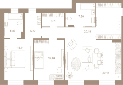 2-комнатная квартира №31к1 в: СЕВЕРНАЯ КОРОНА RESIDENCE: 104.5 м²; этаж: 2 - купить в Санкт-Петербурге
