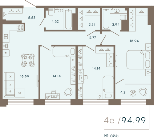 3-комнатная квартира, 94.99 м²; этаж: 8 - купить в Санкт-Петербурге