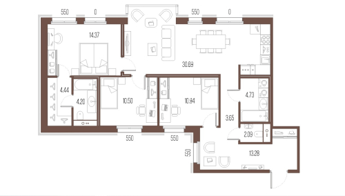 3-комнатная квартира, 98.89 м²; этаж: 2 - купить в Санкт-Петербурге