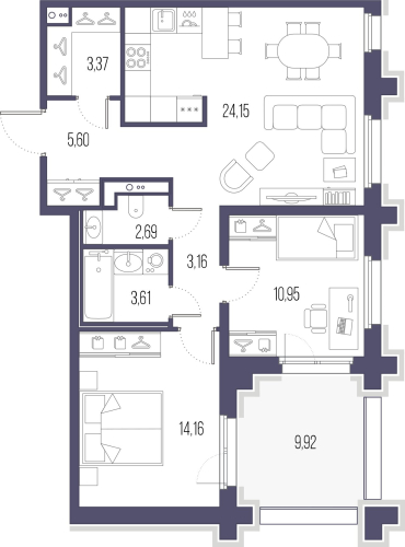 2-комнатная квартира №32 в: Сампсониевский, 32: 67.69 м²; этаж: 2 - купить в Санкт-Петербурге