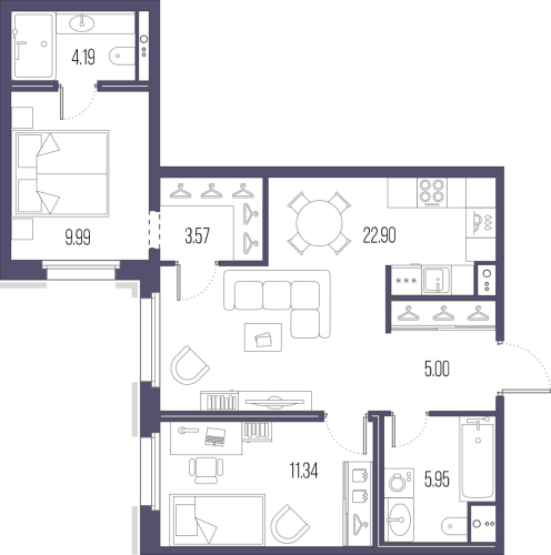 2-комнатная квартира, 62.54 м²; этаж: 10 - купить в Санкт-Петербурге