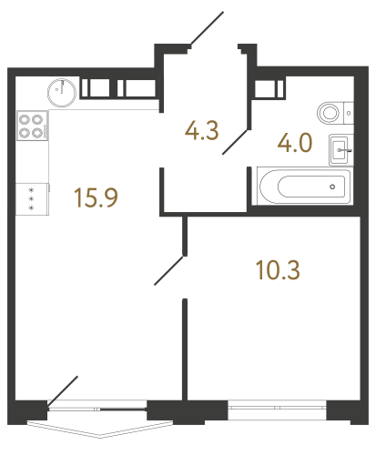 1-комнатная квартира №1 в: Струны: 34.5 м²; этаж: 9 - купить в Санкт-Петербурге