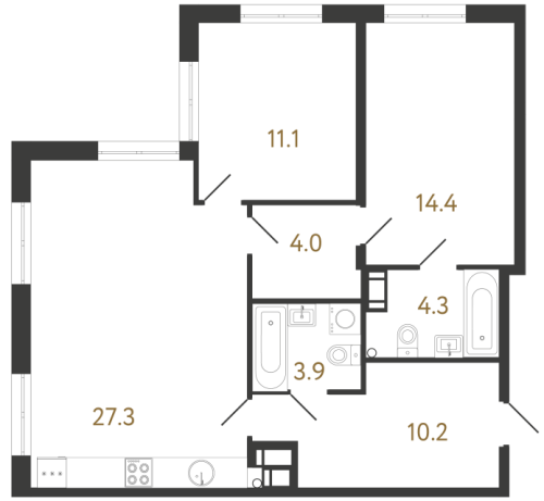 2-комнатная квартира №1 в: Струны: 75.2 м²; этаж: 23 - купить в Санкт-Петербурге