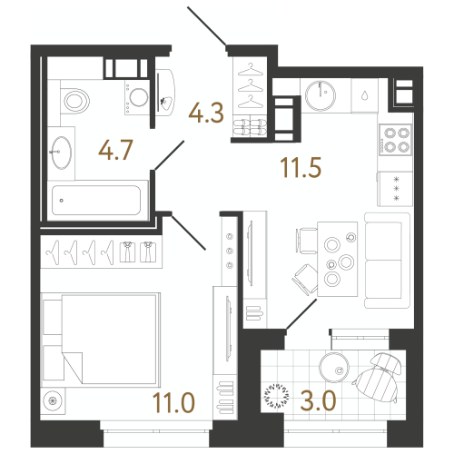 1-комнатная квартира №240 в: Куинджи: 31.5 м²; этаж: 3 - купить в Санкт-Петербурге