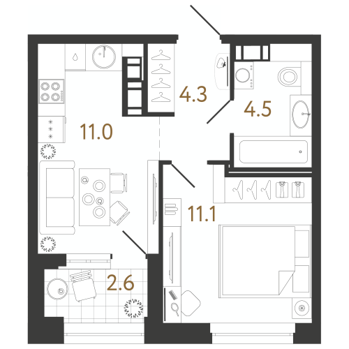 1-комнатная квартира №240 в: Куинджи: 30.9 м²; этаж: 7 - купить в Санкт-Петербурге