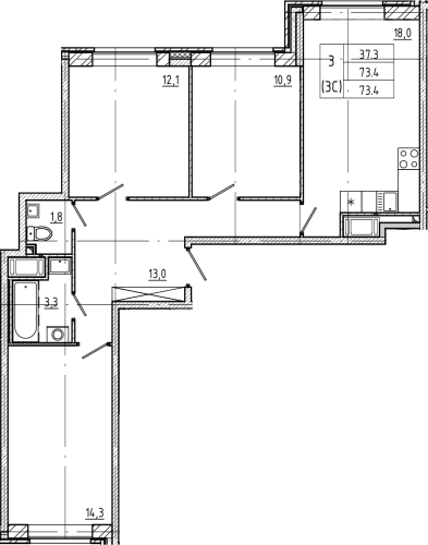 3-комнатная квартира, 73.4 м²; этаж: 10 - купить в Санкт-Петербурге