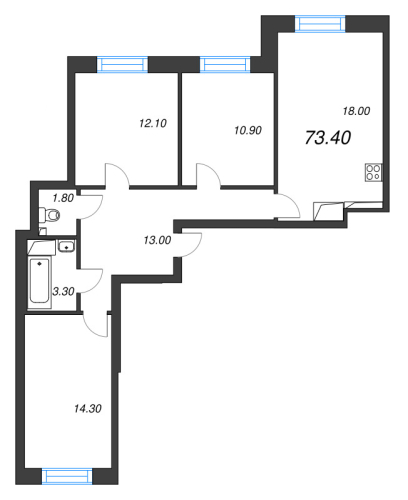 3-комнатная квартира, 73.4 м²; этаж: 7 - купить в Санкт-Петербурге