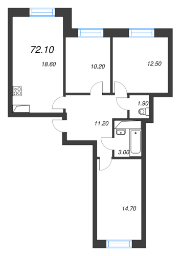 3-комнатная квартира, 72.1 м²; этаж: 7 - купить в Санкт-Петербурге