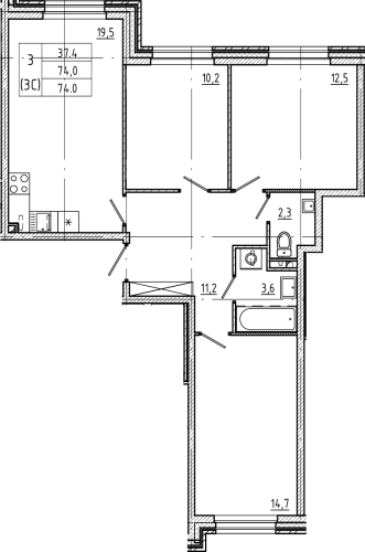 3-комнатная квартира, 74 м²; этаж: 2 - купить в Санкт-Петербурге
