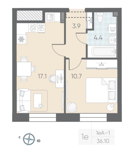 1-комнатная квартира №53 в: Большая Охта: 36.1 м²; этаж: 2 - купить в Санкт-Петербурге