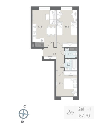 2-комнатная квартира, 57.7 м²; этаж: 3 - купить в Санкт-Петербурге