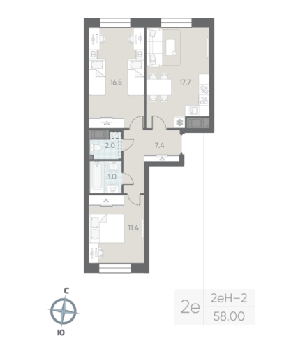 2-комнатная квартира, 58 м²; этаж: 9 - купить в Санкт-Петербурге