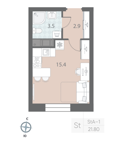 1-комнатная квартира №5 в: Большая Охта: 21.8 м²; этаж: 3 - купить в Санкт-Петербурге