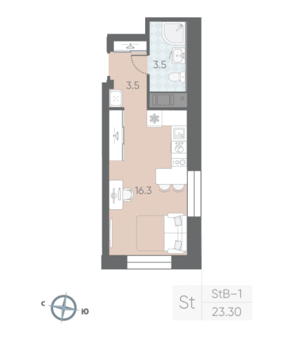1-комнатная квартира №53 в: Большая Охта: 23.3 м²; этаж: 6 - купить в Санкт-Петербурге